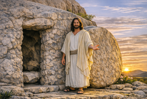 Jesus seated inside the empty tomb — the resurrection promise of eternal life